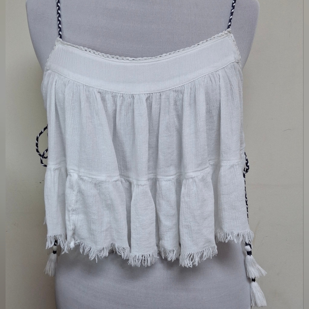 Aerie White Sleeveless Frayed Hem Braided Rope Ties Top